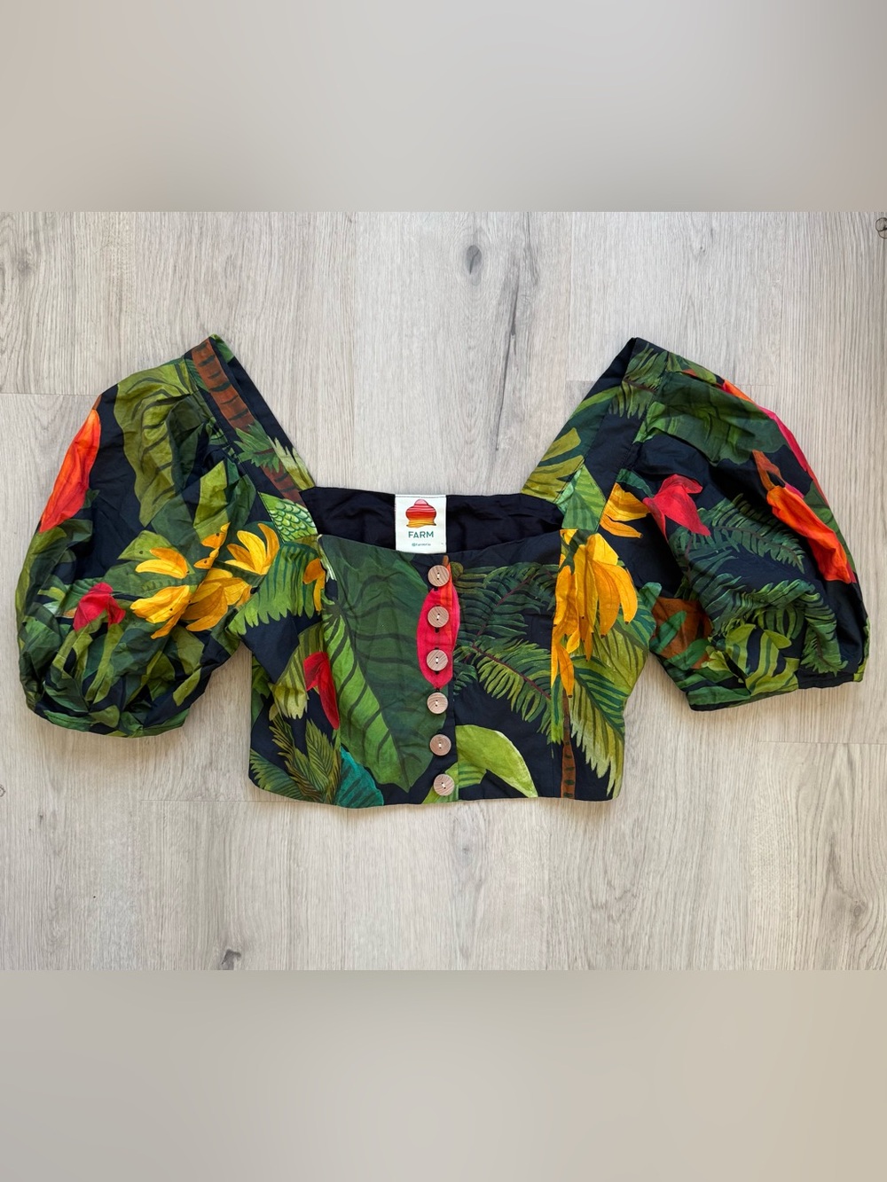 FARM Rio Cocoa Forest Tropical Puff-Sleeve Crop Top - Green & Red Size M Medium - Picture 2 of 8